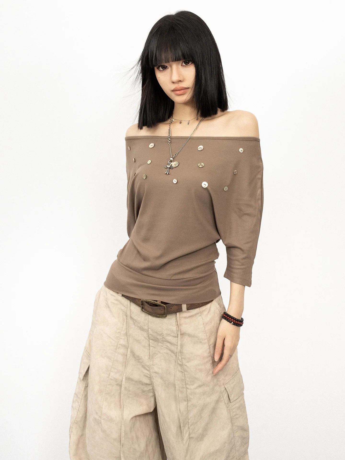 Retro American One-Shoulder Slim Fit T-Shirt Women Summer Thin Black Brown Weight-Loss Top Ladies Long Sleeve Elastic Fiber