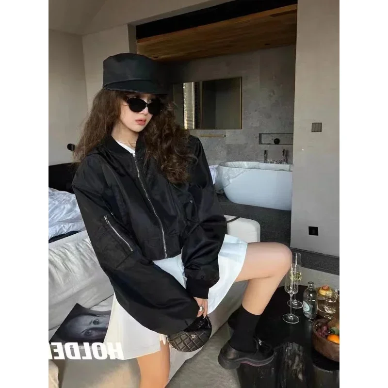 Korean Streetwear Y2k Black Cropped Jacket Female Oversize Windbreaker Women\'s Bomber Jackets 90s Vintage Harajuku Fashion