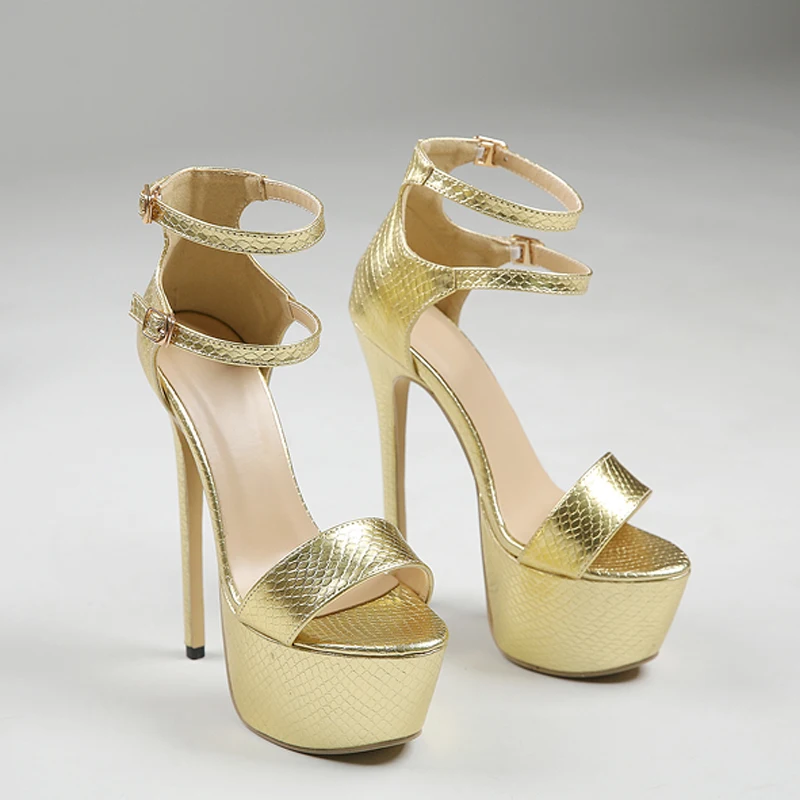 Gold Platform Sandals Woman 16CM Double Belt Buckle Stiletto High Heels Sexy Pumps Party Stripper Pole Dance Ladies Dress Shoes