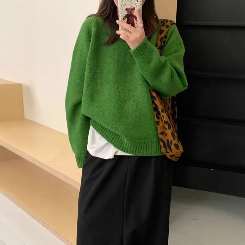 2025 Otoño e Invierno moda nueva mujer elegante tejido suelto cuello redondo grueso Sudadera con capucha cálido suéter de manga larga de Cachemira