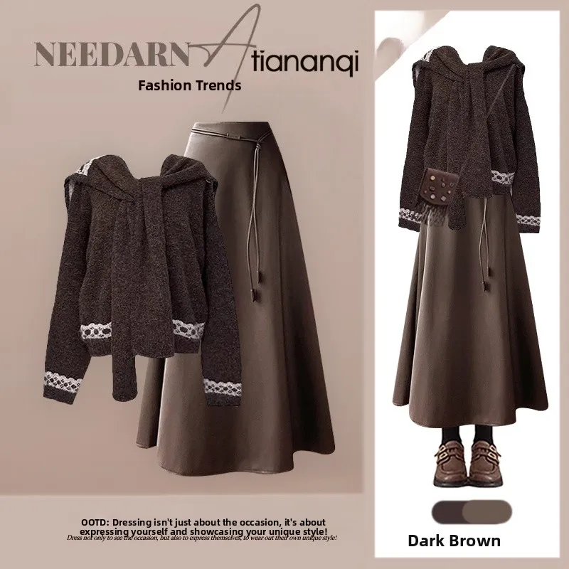 

Faionable Knitted Sweater And Slimming Skirt Two-Piece Set for Women Autumn Winter Loose Sle Age-Defng Ensemble