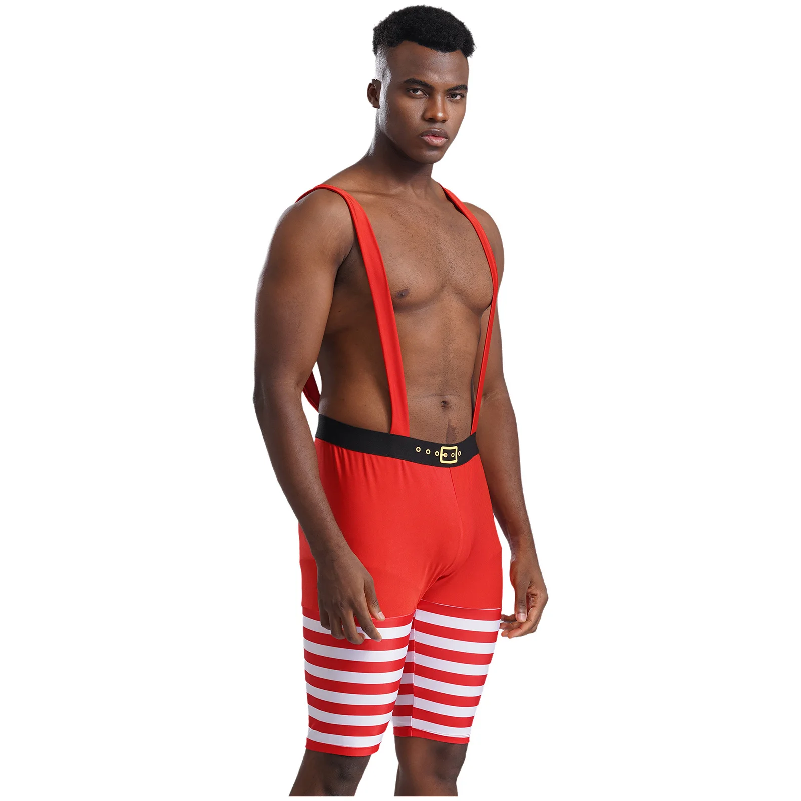 Mens Christmas Striped Suspender Shorts Wide Shoulder Straps Wrestling Singlet Short Jumpsuit New Year Carnival Party Clubwear