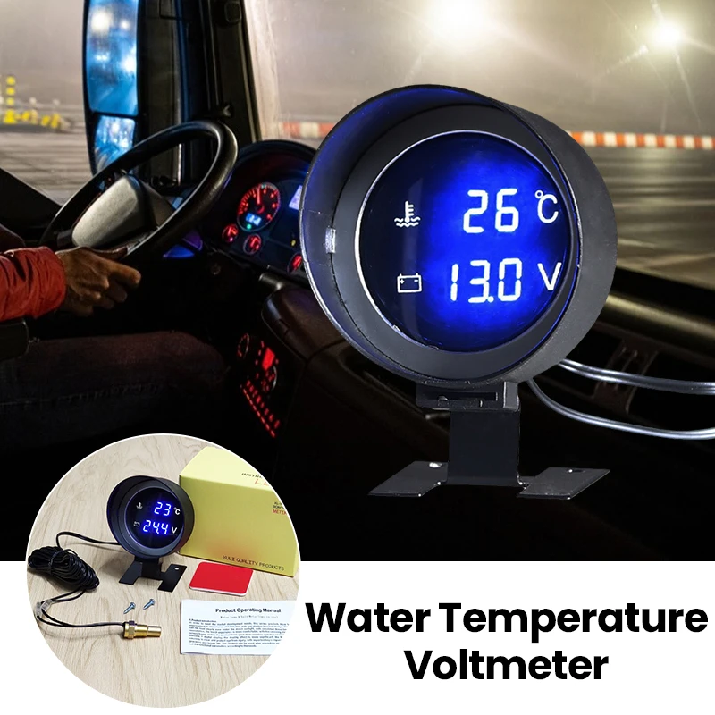 

2 in 1 Round LED Digital Water Temp Gauge Voltmeter Volt Voltage Meter Temperatura Moto For 12V24V Car Truck Temperature Sensor