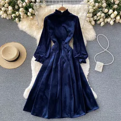 Women Chic Elegant Lantern Sleeve pleated velvet Dress Sexy Fashion Slim A-line autumn sweet dresses
