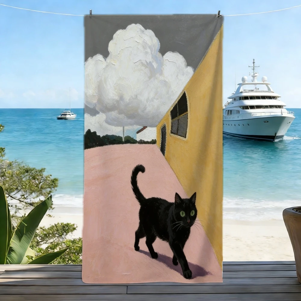 黒猫油絵ビーチタオル-2d-フラットプリント砂防止速乾マイクロファイバーヨガダイビング夏旅行休暇バス用