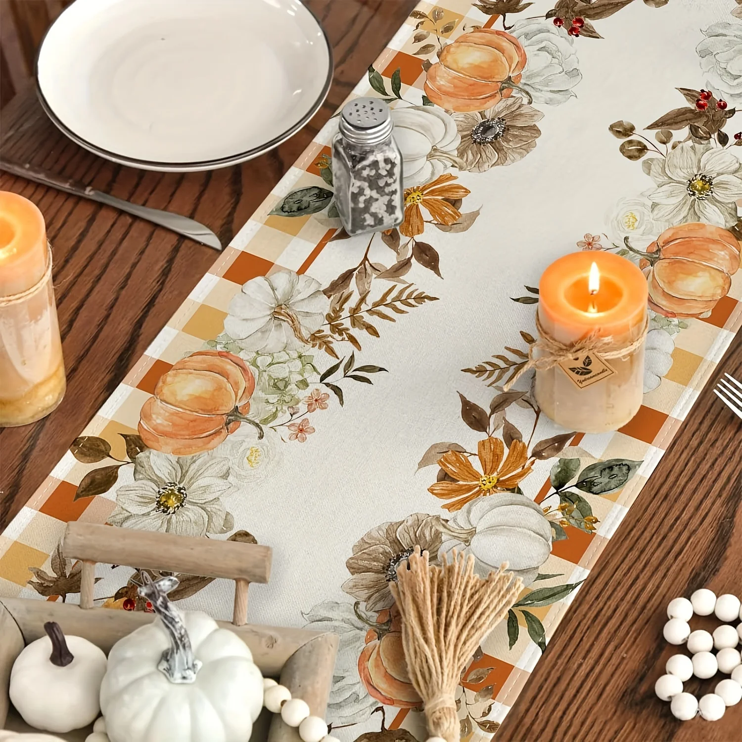 Polyester Table Runner Pumpkin Floral Gingham Checked Beige Base Artistic for Fall Dining Table Decor Charming Autumn Pattern