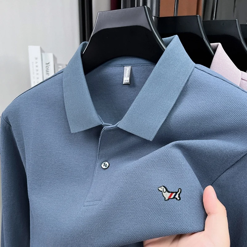 100%pure cotton autumn winter men's embroidered long sleeved business casual comfortable breathable polo shirt high-end designer