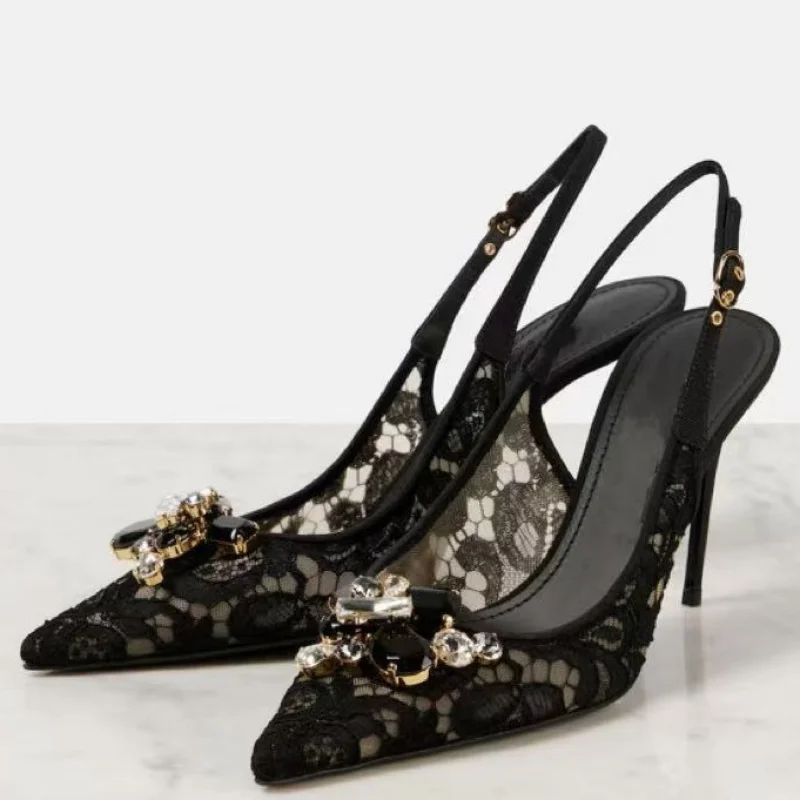 

Сексуальные черные кружевные женские сандалии с кристаллами, модные женские туфли-лодочки на тонком каблуке с острым носком, вечерние туфли на высоком каблуке