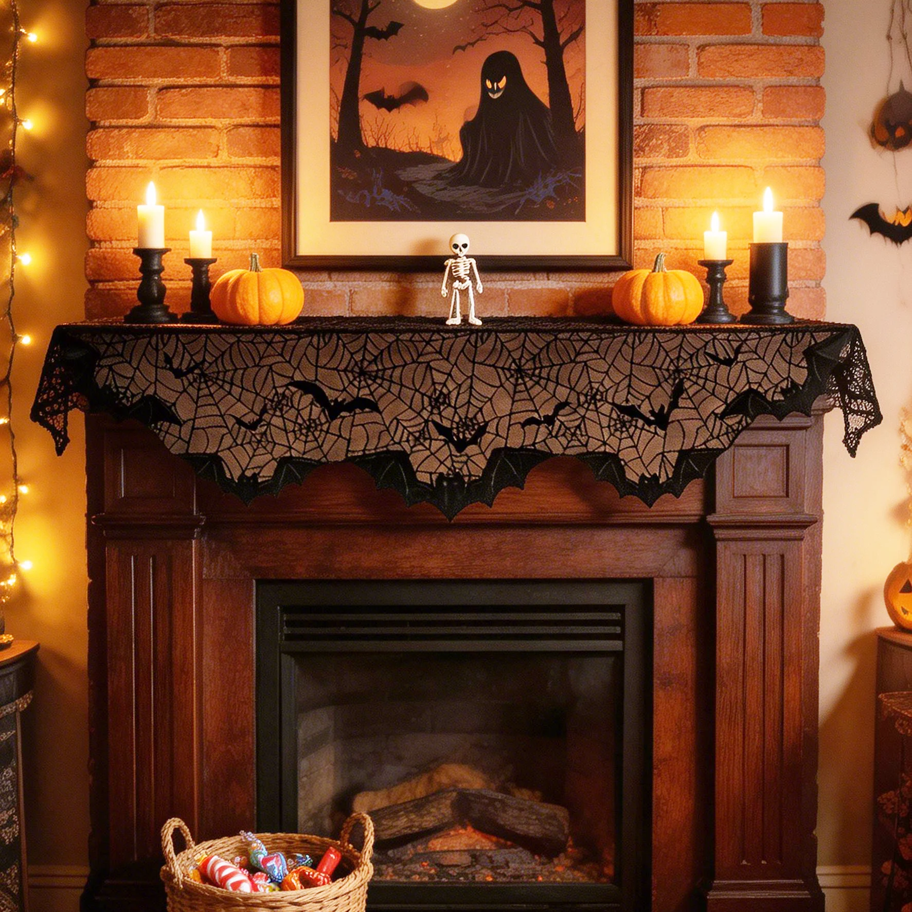 1PC Black Spider Web And Bat Halloween Horror Vibe Warp Knitted Lace Fireplaces Stove Towel for Festive Decor