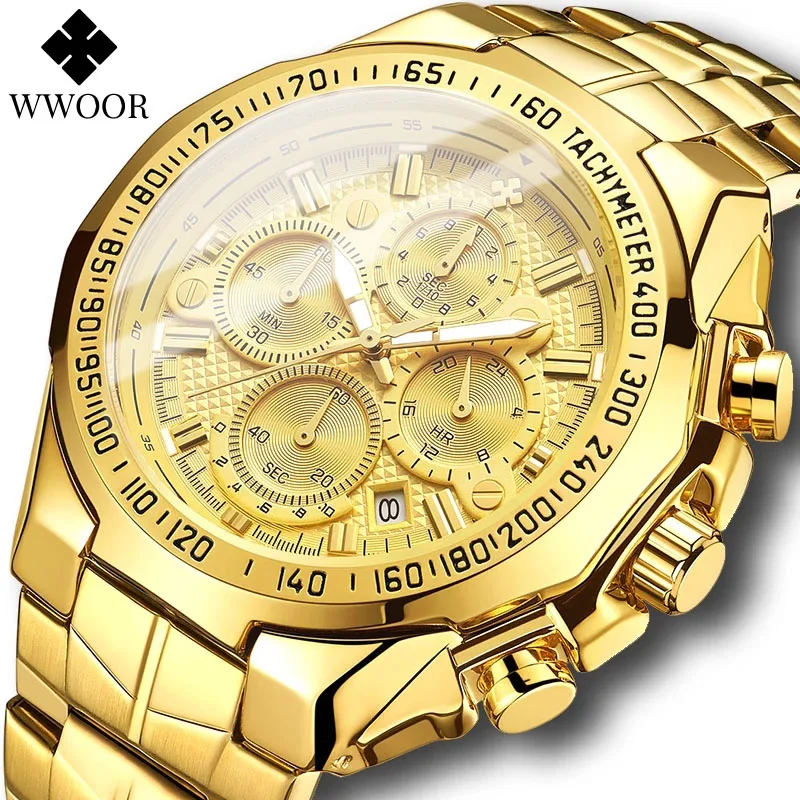 WWOOR Sports Military Watches Men Top Brand Luxury Gold Full Steel Waterproof Analog 24 Hour Quartz Wristwatch Relogio Masculino