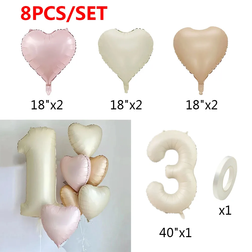 Juego de globos de aluminio con forma de corazón para niños y niñas, 8 piezas, Color crema, número de 40 pulgadas, decoraciones para fiesta de