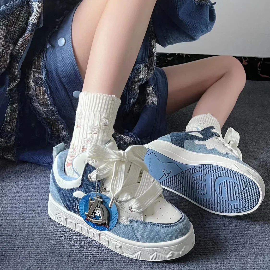 2023 Spring New Thick-Soled All-Match Casual Sneakers Female Couple National Trend Niche Denim Blue Couple Bread Shoes Male