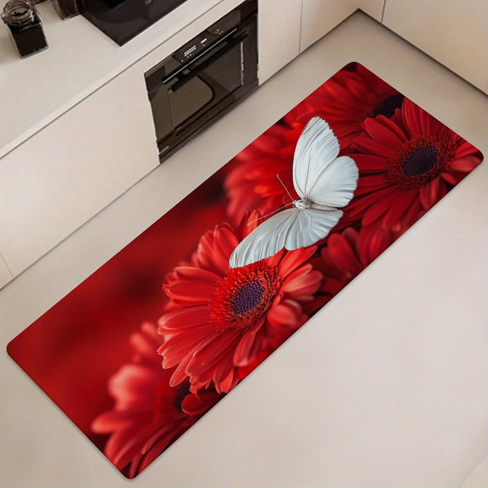 Elegant Red Flower and White Butterfly Themed Kitchen Long Mat,Non-Slip Washable Durable Runner Rug for Bathroom,Kitchen,Bedroom