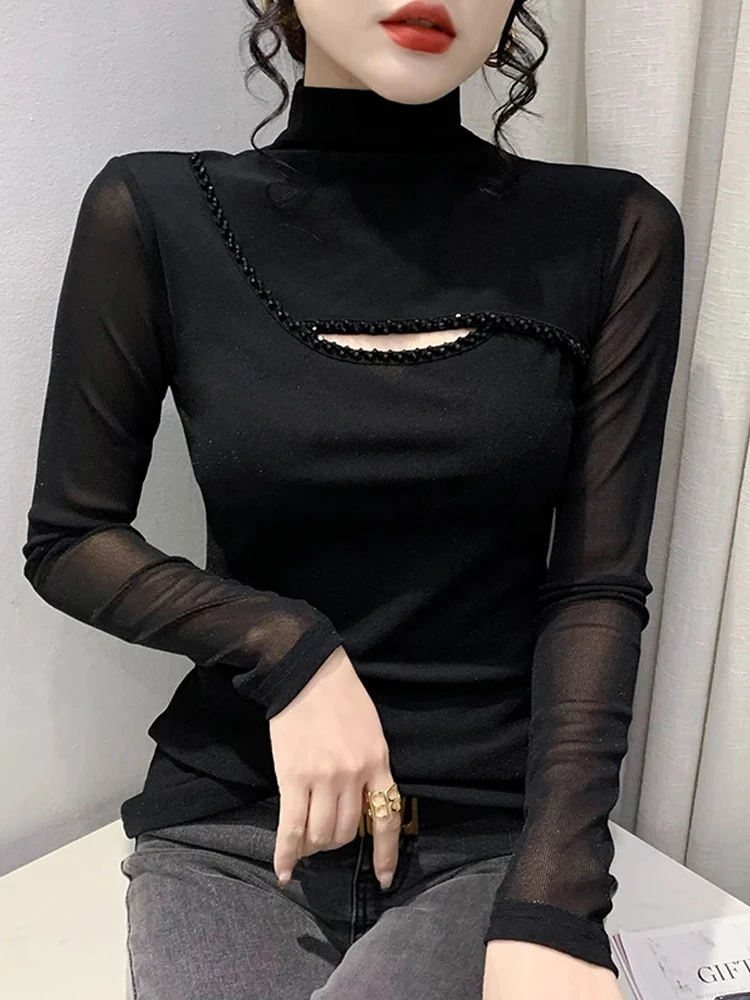 

Winsleter Elegant Basic Clothes Tshirt Long Sleeve Tees Winter Women Mock Necks Diamonds Leopard Slim Mesh Tops T30031JC