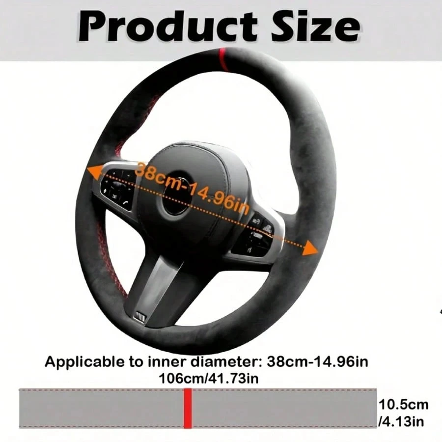 1pc Non-Slip Hand-Sewn Car Steering Wheel Cover,DIY Suede Leather Steering Wheel Cover With Regression Sign,For Most Car Models