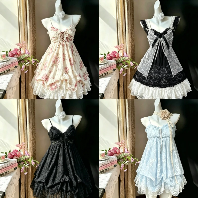 2026 Summer New Women Lolita Dress Japanese Kawaii Vibe Vintage Lace Bow Ruffles Cake Skirt Y2K Harajuku Slim Bandage Dresses