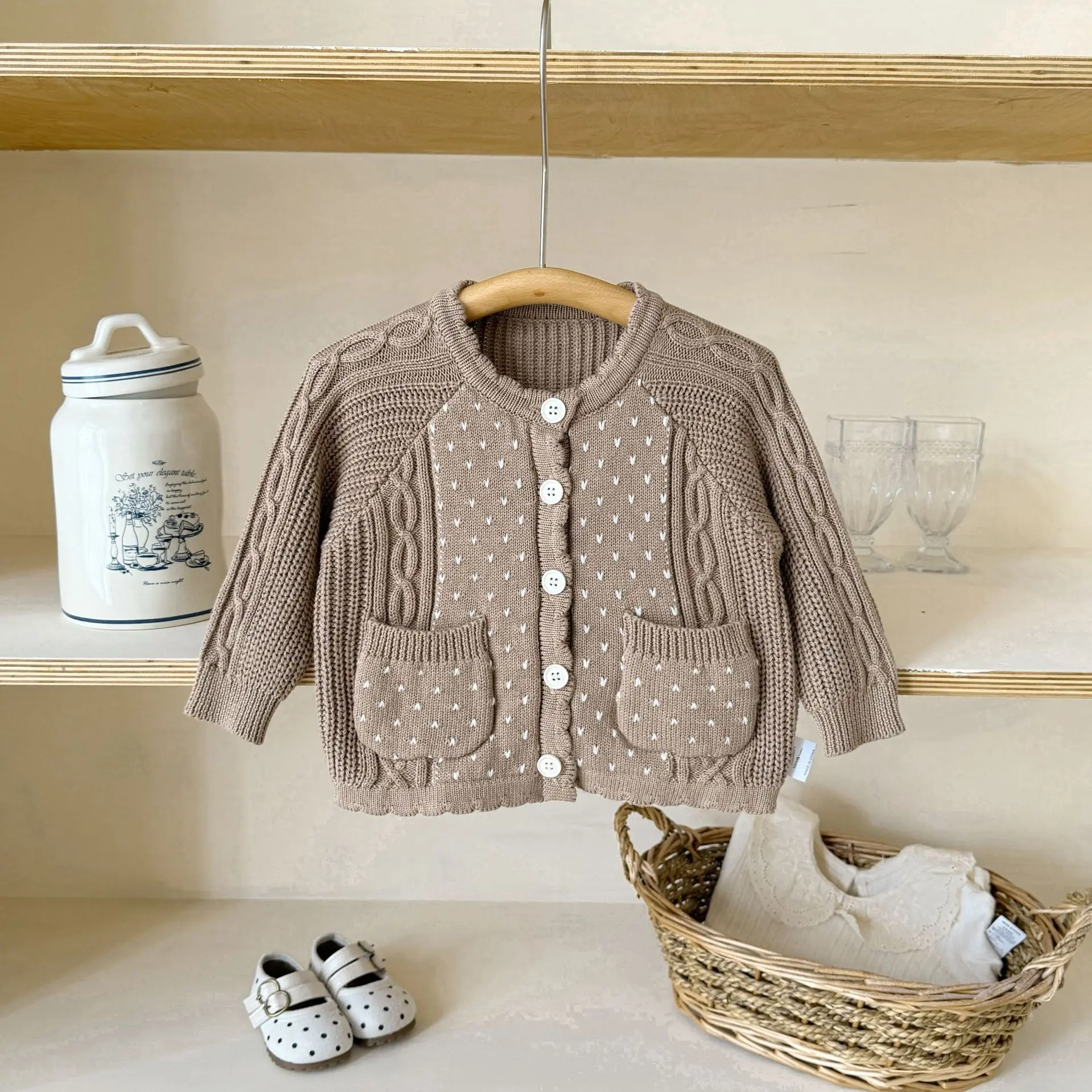New Autumn And Winter Styles For Girls Aged 1-4, Twisted Rope Jacquard Woolen Cardigan, Polka Dot Long Sleeved Jacket For Girls