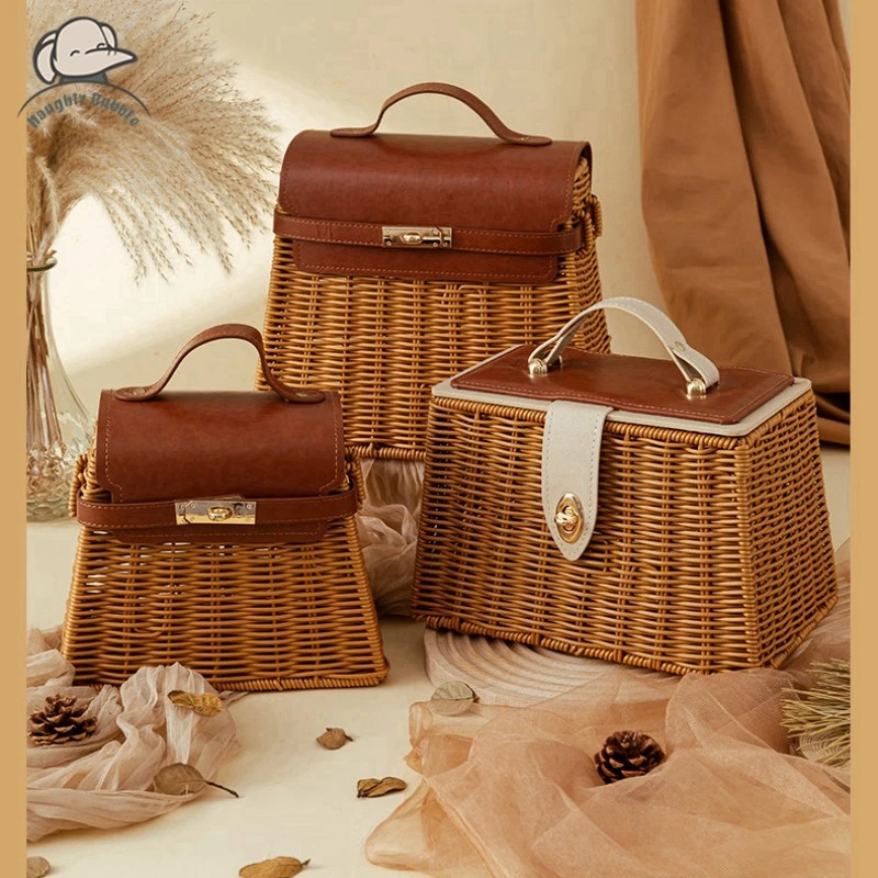 

Wooden Rattan Box Go For A Picnic With A Basket To Go Square Trapezoid, Semi-circular Rattan knitted Retro Gift Box Good Gifts