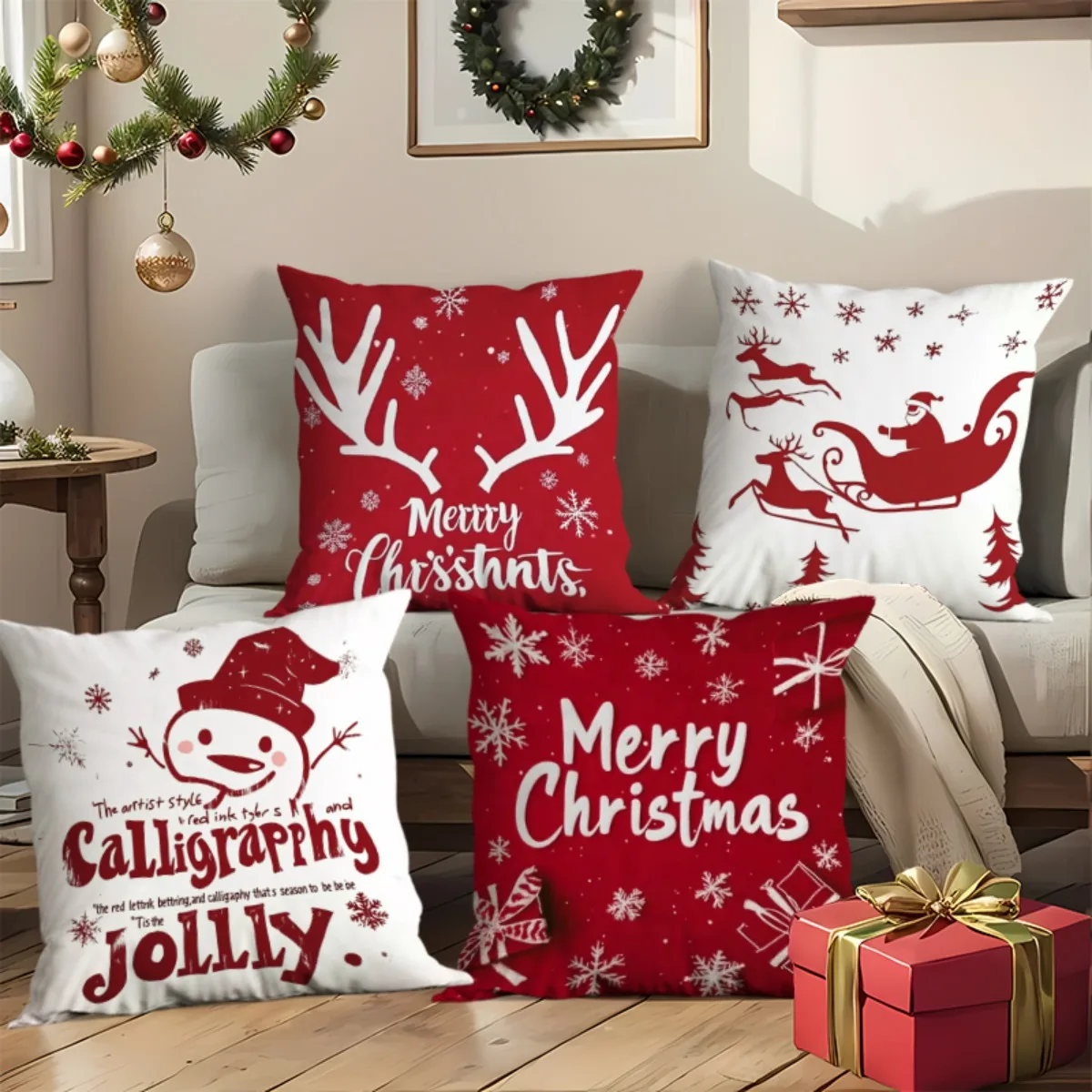 4pcs-Set Beautiful Christmas decorationsLuxury Pillow Covers for Living Room, Durable Fabric Cushion Cases in Red and White