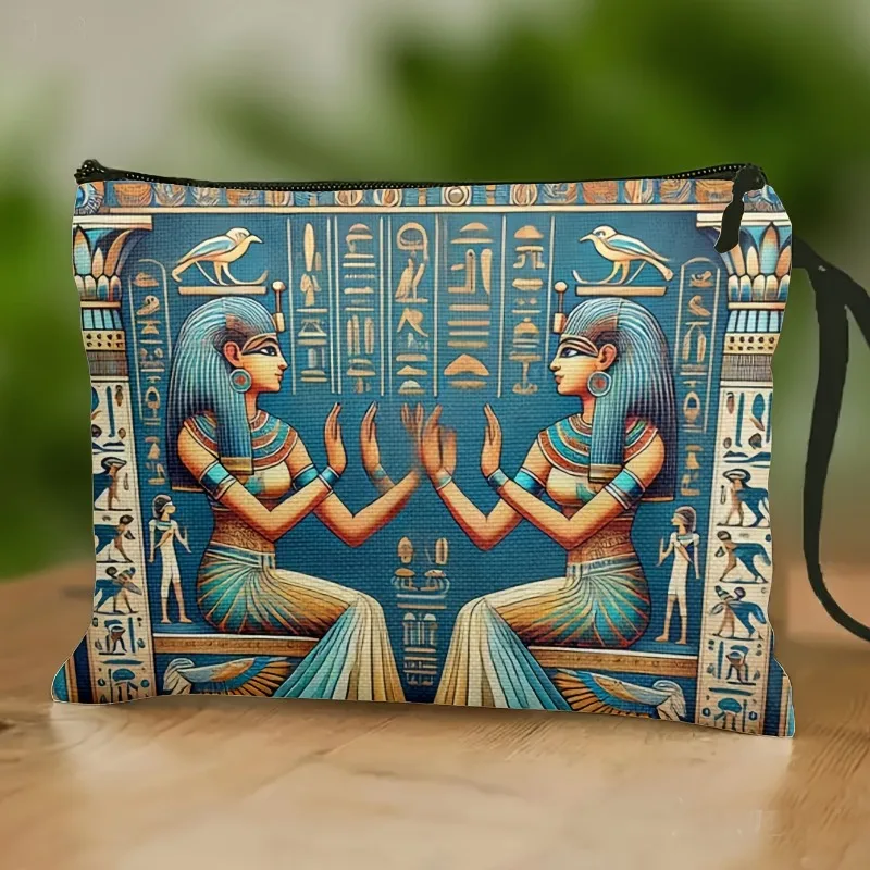 Egyptian Pharaoh Mural Double-Sided Printed Makeup Bag, Lightweight Travel Toiletry Pouch, Zippered Clutch, Wristlet Souvenir Ba