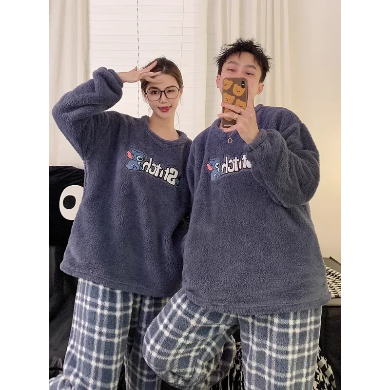 Cartoon Stitch couple pajamas set winter plush long-sleeved trousers two-piece set men\'s/women\'s loungewear women\'s pajamas