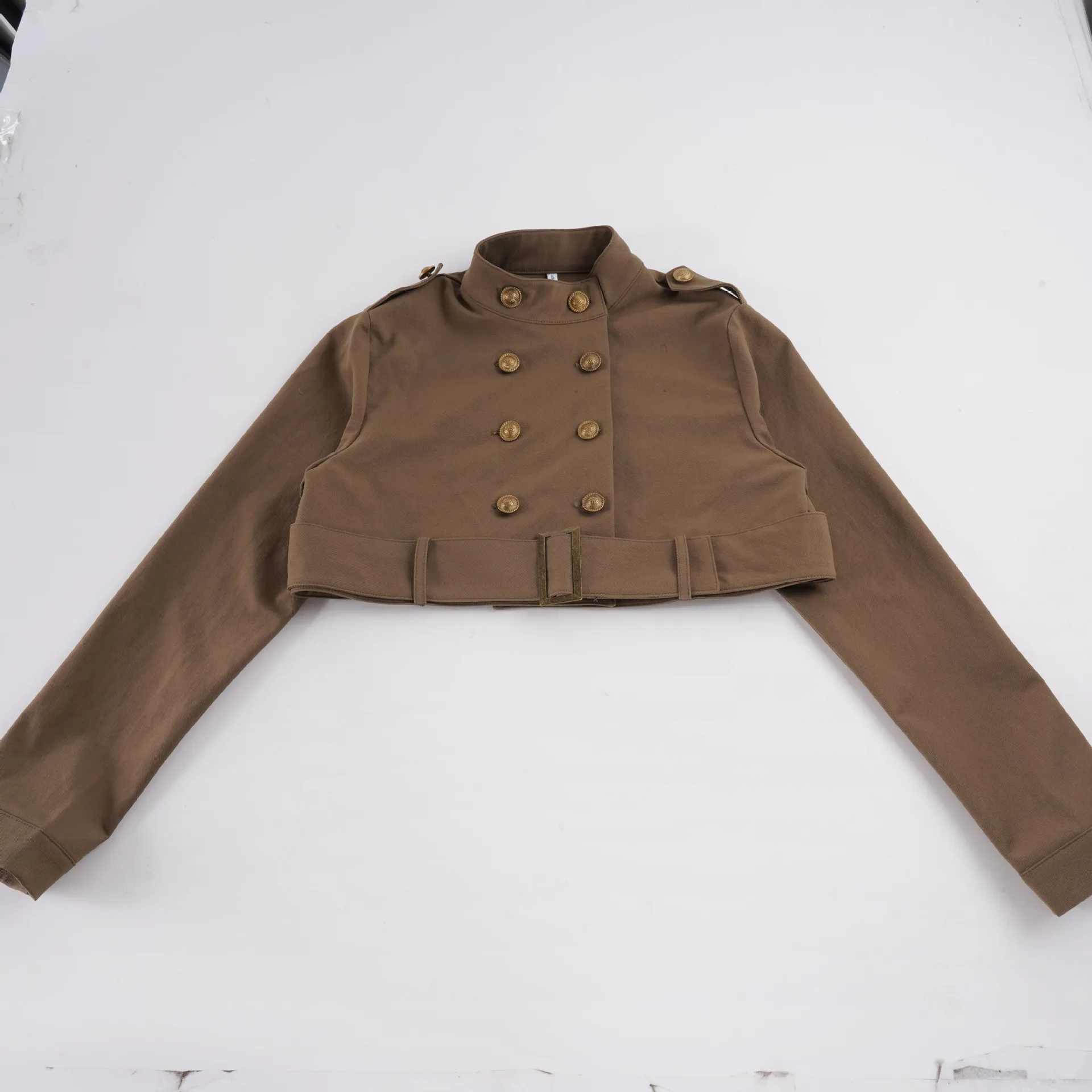 Retro Double-breasted Stand-up Collar Trench Coat Short Casual Cargo Style Jacket Coat Women