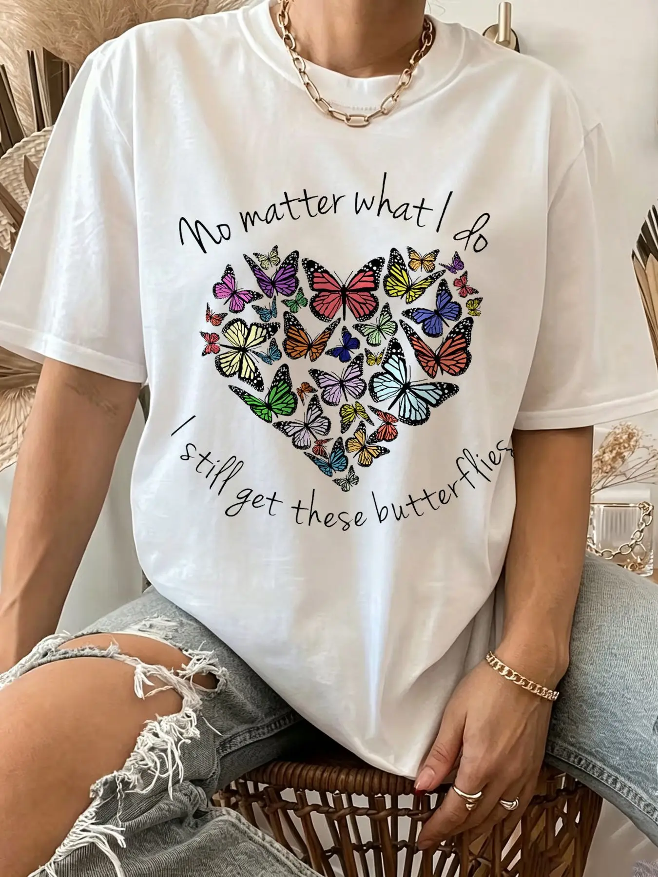Women's Colorful Butterfly Heart Graphic T‑Shirt, 