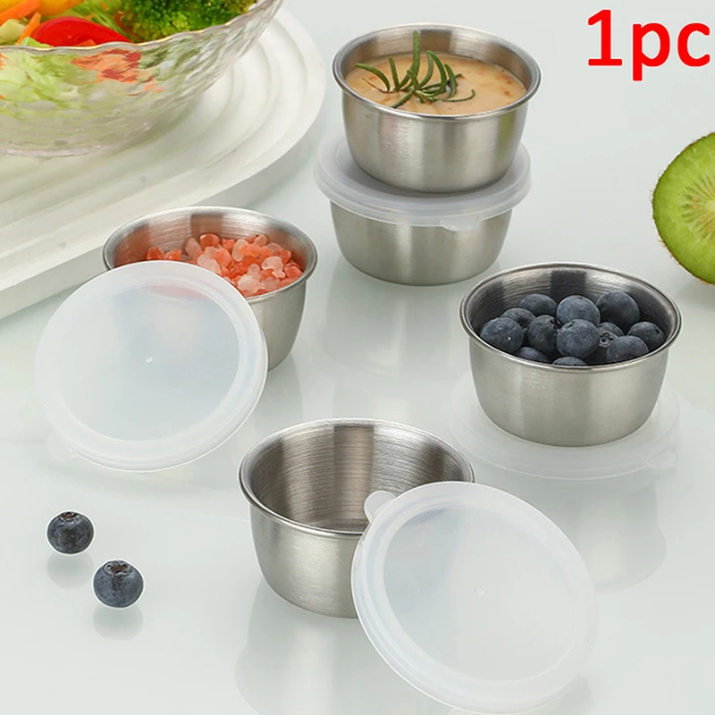 1PCS Stainless Steel Small Sauce Cup With Sealed Lid Portable Seasoning Spice Dishes Ketchup Pot Dipping Bowl Saucer Tableware