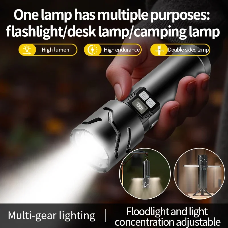 

Long Range LED Flashlight with Side Light Power Bank, Aluminum Alloy Torch with Focus Beam, White Laser Display Outdoor camping