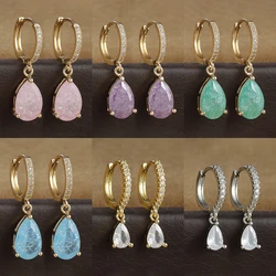 2PCS Simple Stainless Steel Colourful Cubic Zirconia Hoop Earrings For Women Water Drop Pendant Earring Wedding Piercing Jewelry