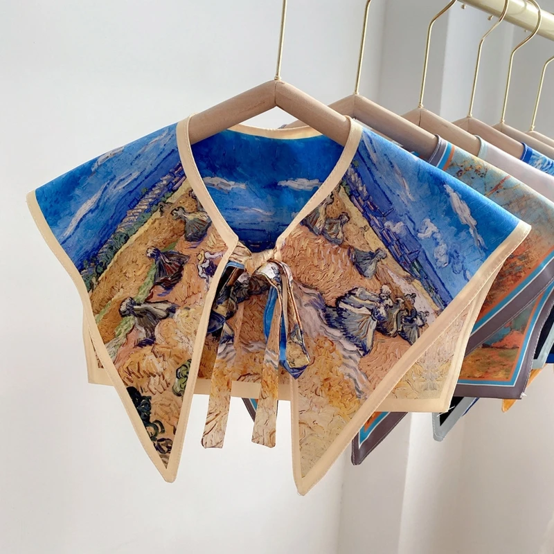 Women Elegant Detachable Collar Scarf Vintage Colorful Landscape Oil Painting Print Shawl Wrap Lace-Up Shrug Capelet