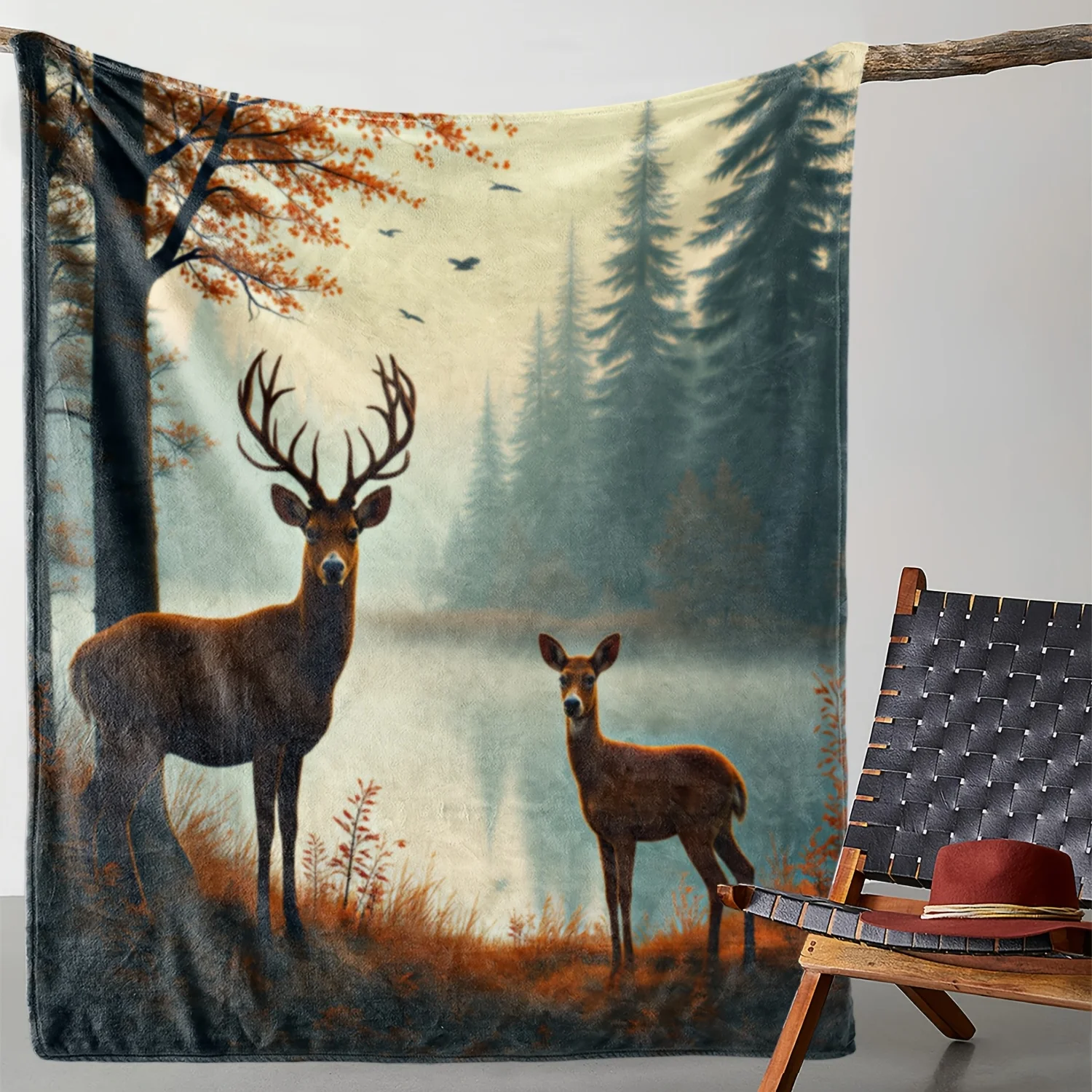 

1 шт. фланелевое одеяло, Рождественский лес с двумя принтами оленя, уютное и мягкое декоративное покрывало на осеннюю тематику для дивана, кровати, автомобиля