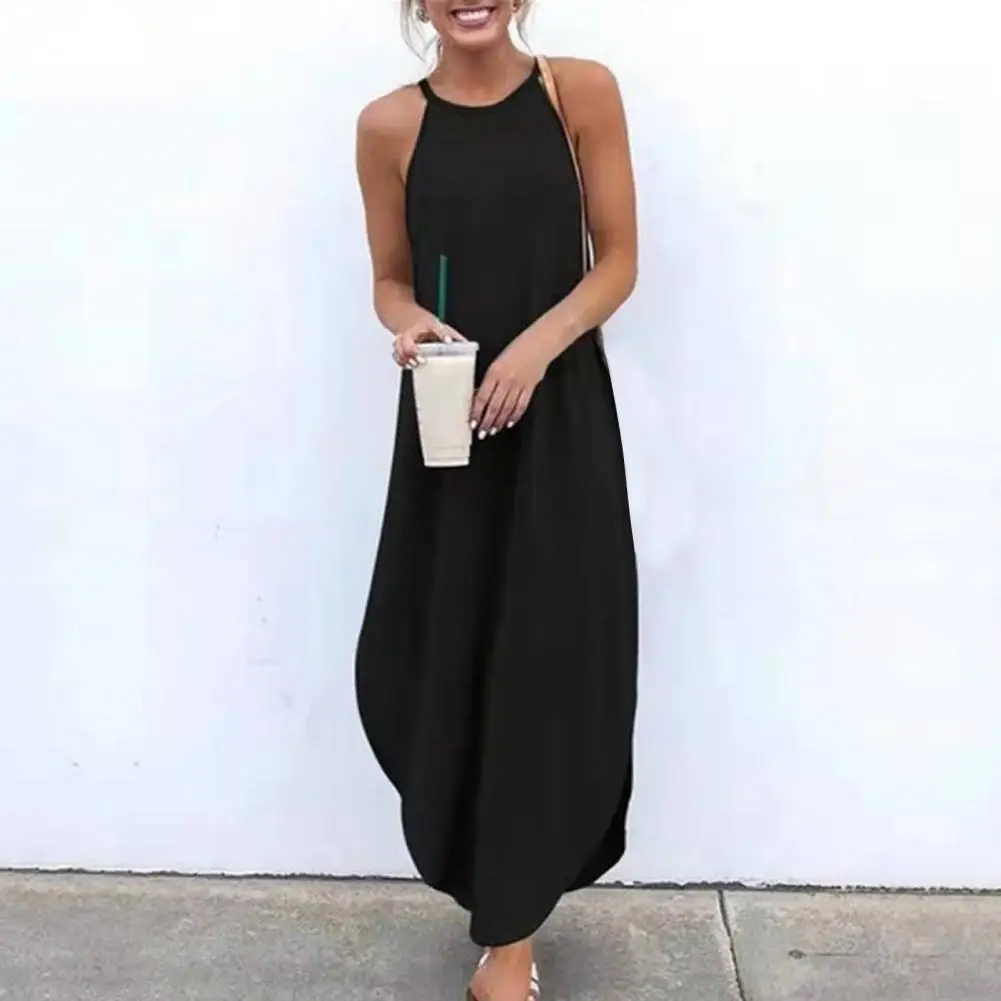 Women Pocket Long Dress Sexy V-Neck Sleeveless Loose Casual Dresses Summer Spaghetti Strap Solid Color Beach Maxi Dress S-5XL