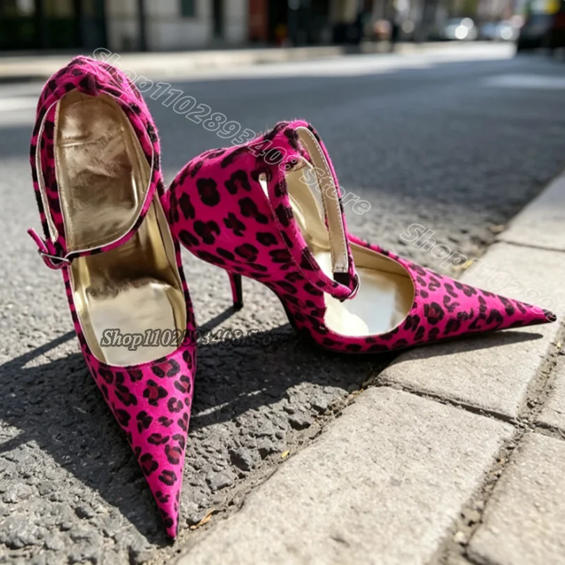 Rose Red Leopard Print Sexy Pumps Pointed Toe Flock Ankle Buckle British Style Party Casual Women Sexy Shoes Zapatos Para Mujere