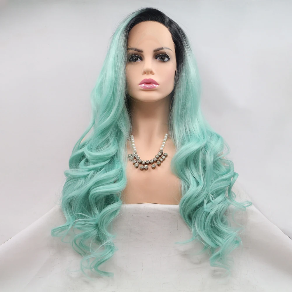 Mint Green Lace Front Wig  Heat Resistan  Fiber Deep  Dark Roots Middle Parting   24 Inch Hair  Water Wave Natural  150%Density