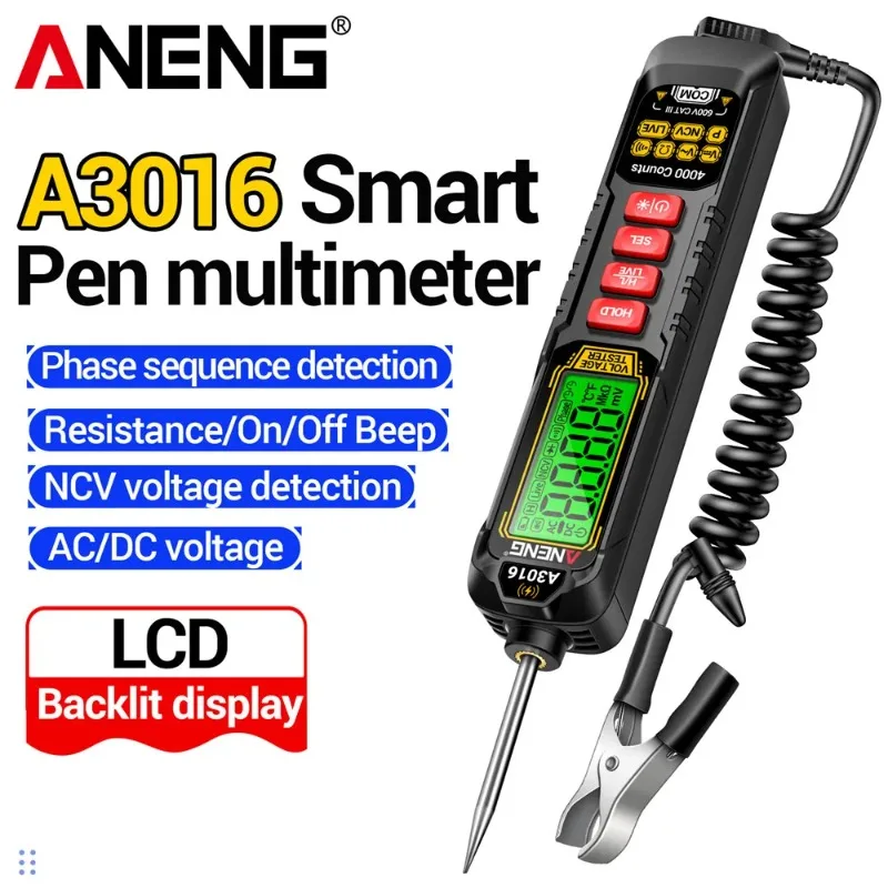 

ANENG A3016 Digital Tester Pen 600V Voltage Test Phase Sequence NCV Induction Multimeter 4000 Counts 500mA Rechargeable Tools