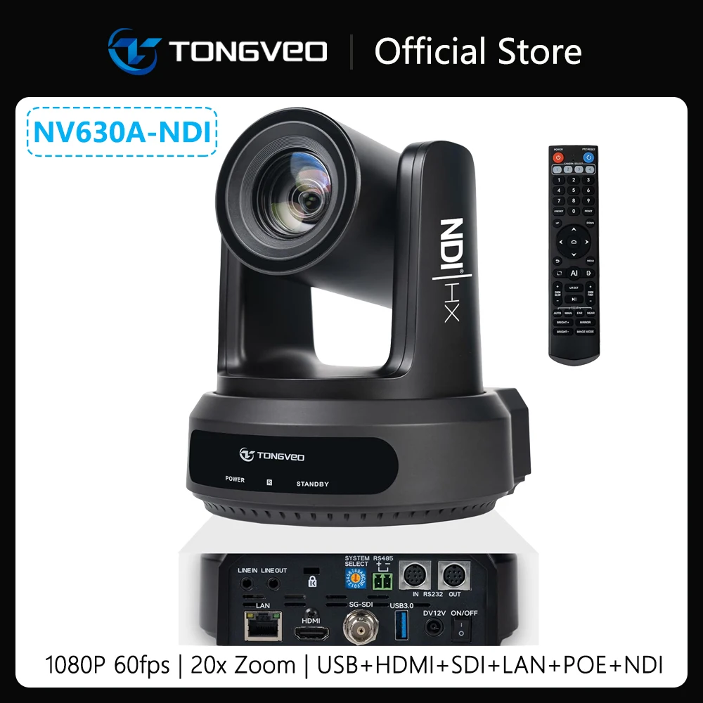 NDI AI Auto-Tracking IP PTZ Camera SDI/HDMI/USB3.0/LAN PoE 30X Optical + 16X Digital Zoom 1080P 60fps for Live Streaming Church