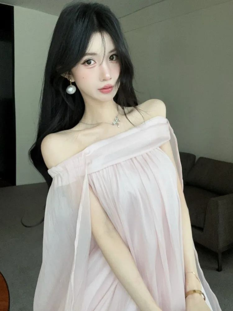 

Summer New Sweet Net Gauze Puffy Skirt Dress Women's Loose Match All Shoulder One Word Dress Girl's Casual Fashion Dress