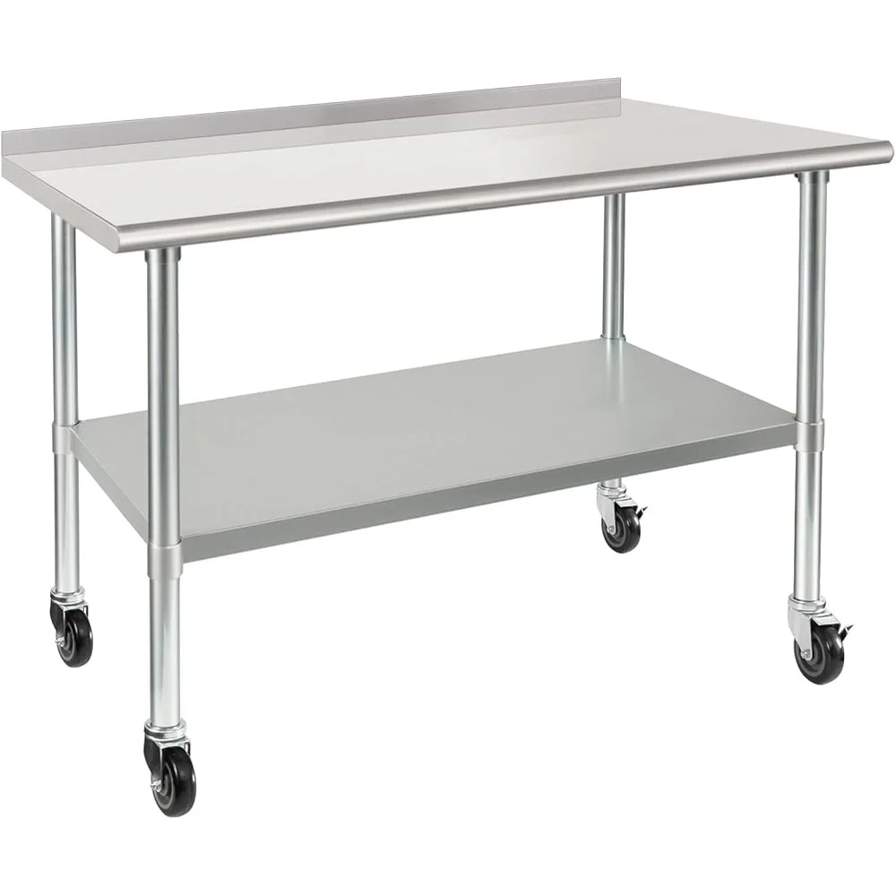 Stainless Steel Prep Table with Wheels NSF Heavy Duty Commercial Kitchen Workbench 2 Inch Backsplash Rolling Caster Table