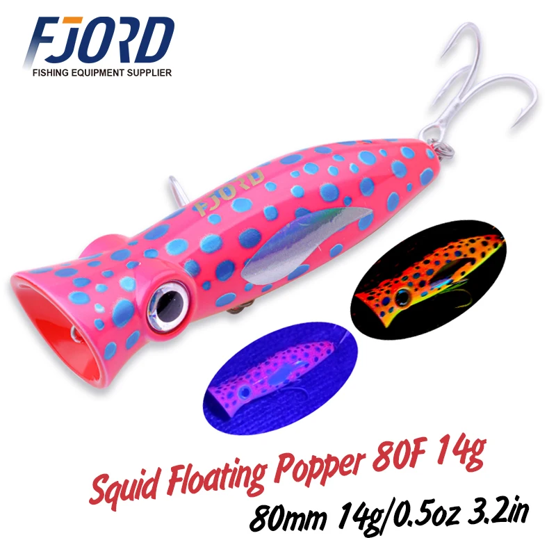 Leurre de pêche FJORD 80mm 14g Popper Lumineux Flottant pour Brochet, Black-bass, Eau Salée – Leurre Dur de Surface pour la Pêche en Mer – Fournitures de Pêche