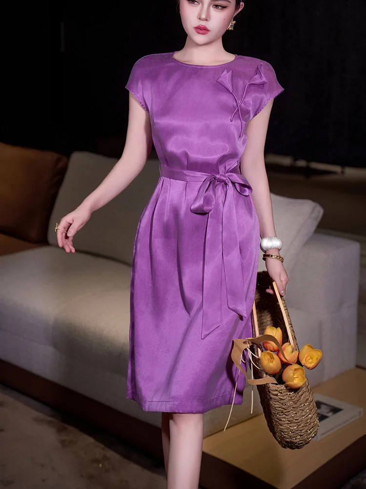 

JUNLINNA Fashion Elegant Women Party Dress Crew Neck Short Sleeve Appliques Flower Waist Belt Sliming Vestidos High Street