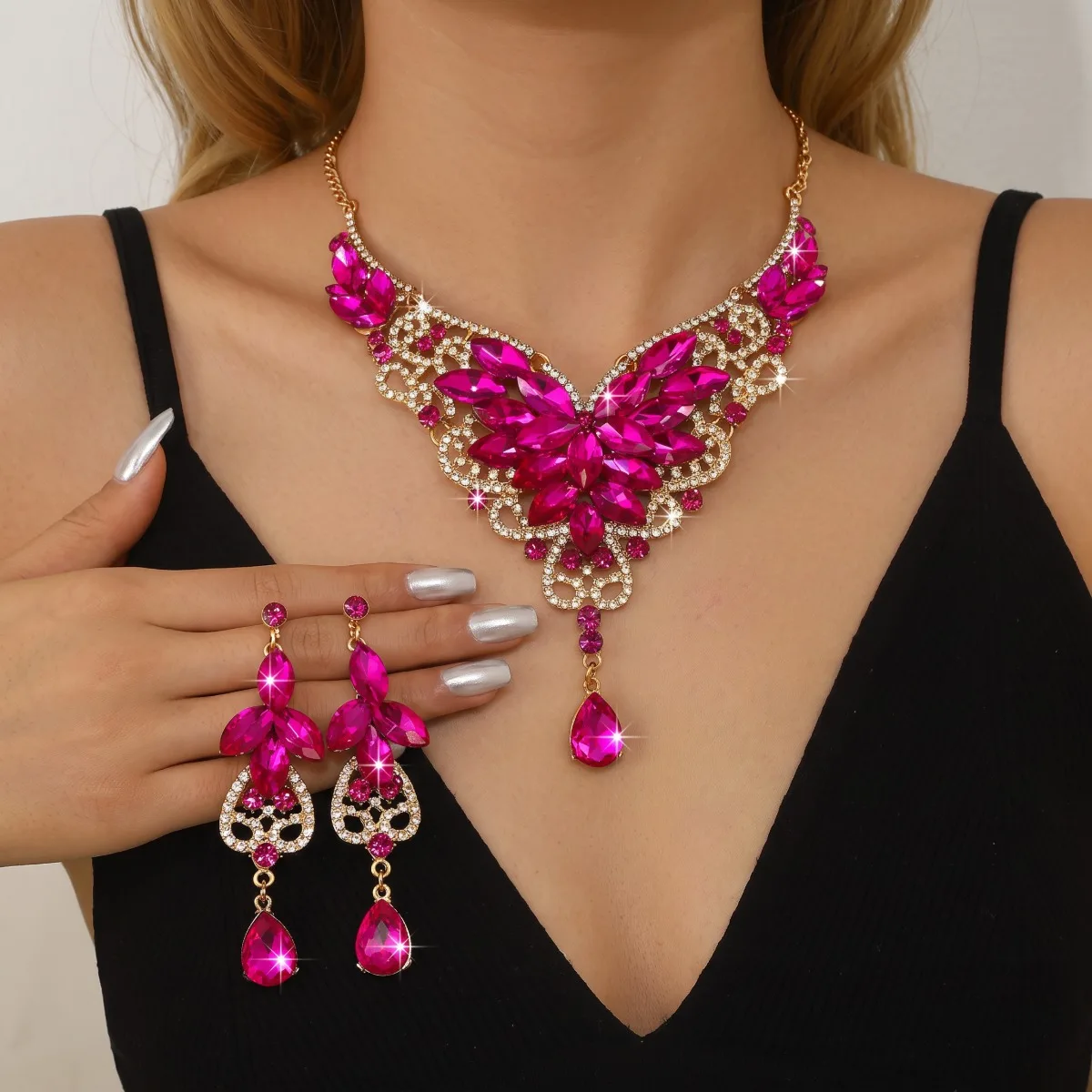 Eye Catching Luxury butterfly Two-Color Necklace Earrings Crystal 2-Piece Set Dinner Red Carpet Dance Party