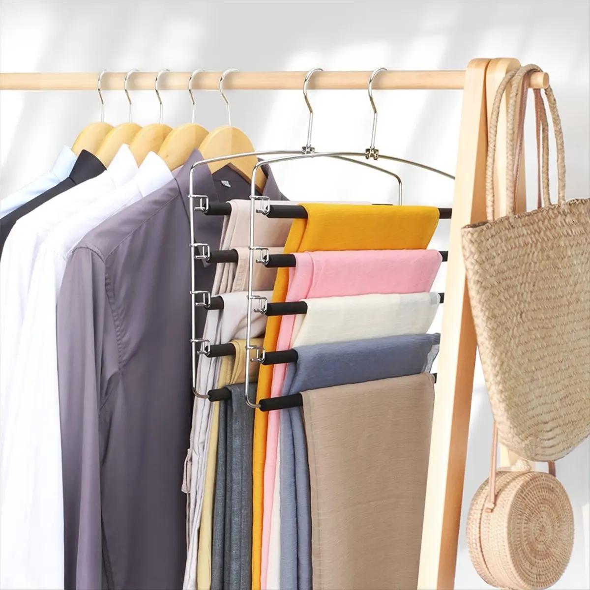feelfeel Pants Hangers, Multiple Swing Arm Trousers Rack, 5 Layers Jeans Trousers Closet Organizer for Scarves Black