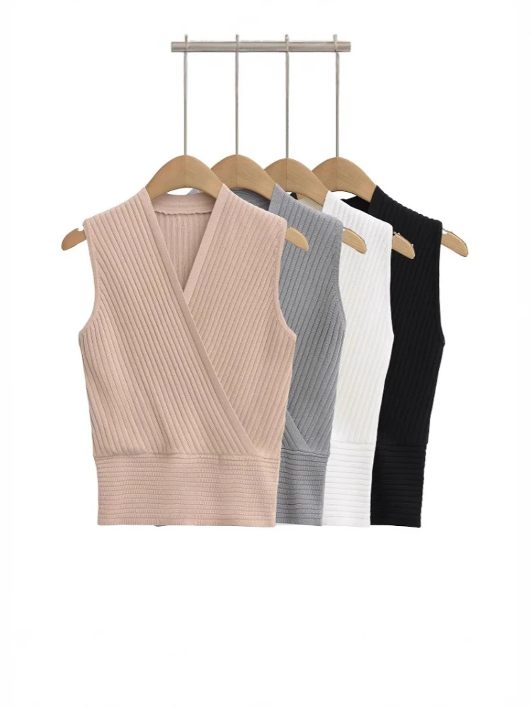 

Korobov Korean Summer V Neck Solid Striped Slim Waist Pullover Sleeveless Knitted Sweater Vest