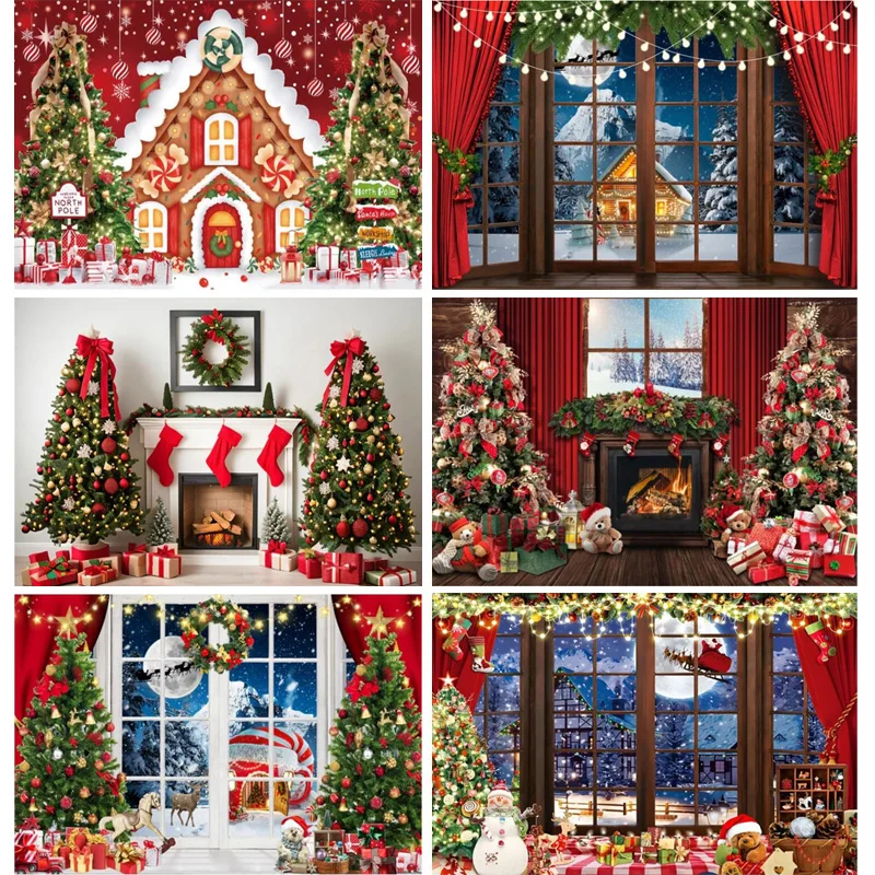 

Christmas Photography Backdrops Window Snow Pine tree House Decoration Background Winter Photo Studio Shoot Booth Props AX-01