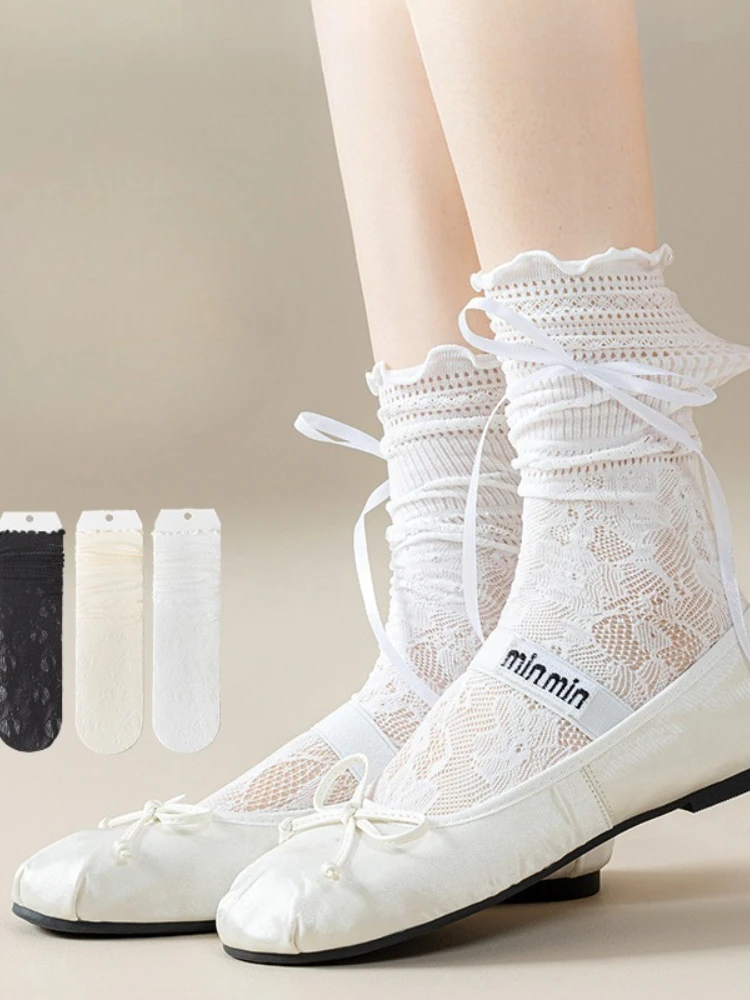 Women's Summer Thin Ballet Style Ribbon Bowknot Socks Hollow Lolita Sweet White Mid-Calf Sock Mesh Ruffled Lace Stacking Socks