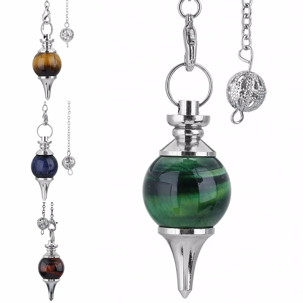 

SUNYIK Blue Green Natural Tiger's Eye Gem Stone Ball Bead Point Healing Dowsing Reiki Chakra Pendant Silver Color Chain Pendulum