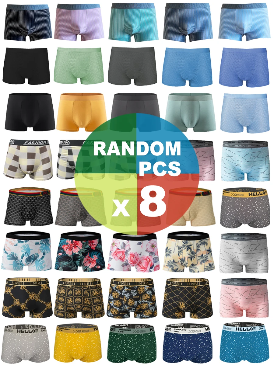 

8Pcs Random Men Underwear Fashion Printed Europe Large Size Sexy Comfortable Wild Boyshort Elastic Waist Pants Men Boxers Shorts