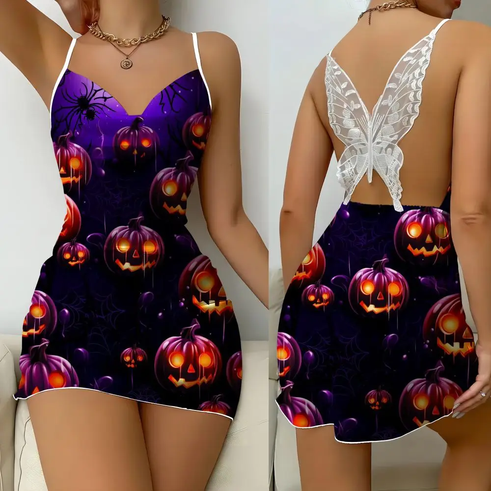 Vestido estampado com bainha caveira, Halloween Party Dress, Série Pumpkin, Borboleta decorada, Pijama preguiçoso, Vestido sem costas, Horror, Seda, Preguiçoso