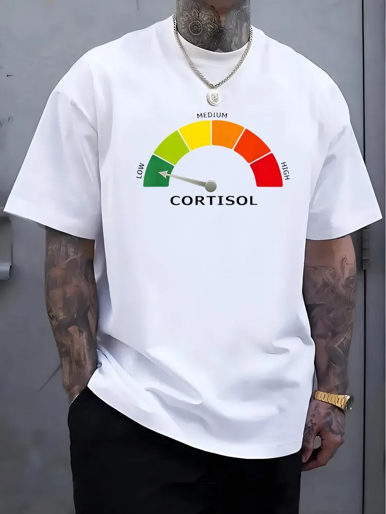 Mens Crew Neck Short Sleeve Tee Cortisol Level Meter Graphic Soft Cotton Funny Stress Health Daily Street Top For Adult Guys